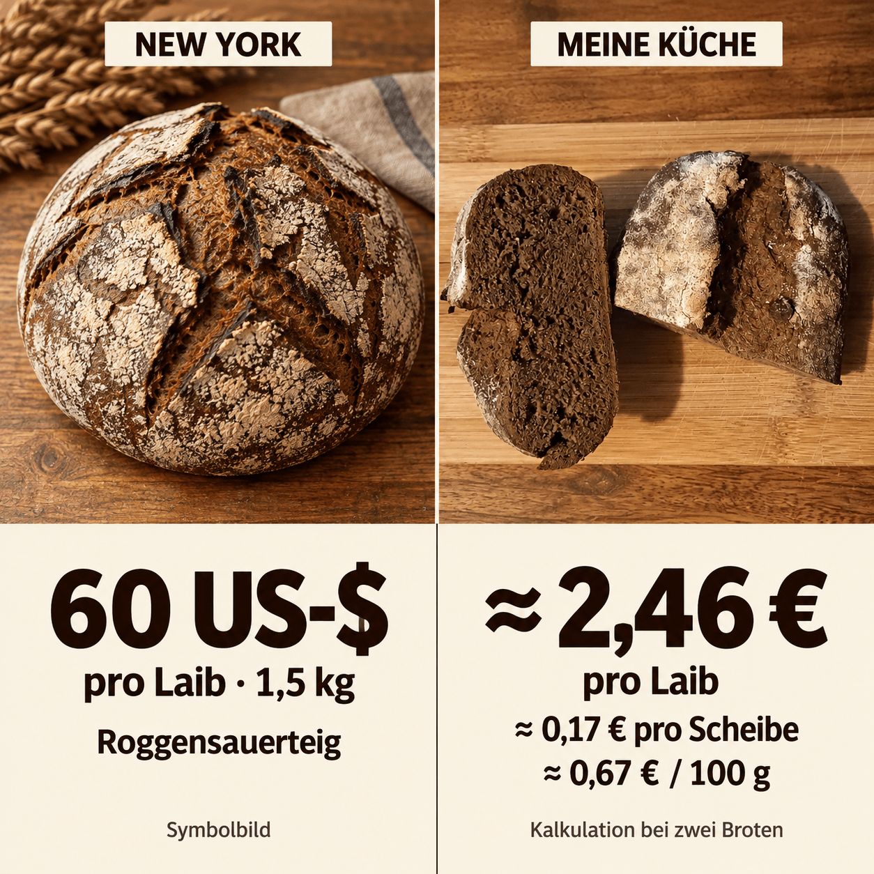 Preisvergleich: 60 US-Dollar für einen Laib Roggensauerteig in New York gegenüber rund 2,46 Euro für selbstgebackenes Low-Carb-Brot (17 Cent pro Scheibe)