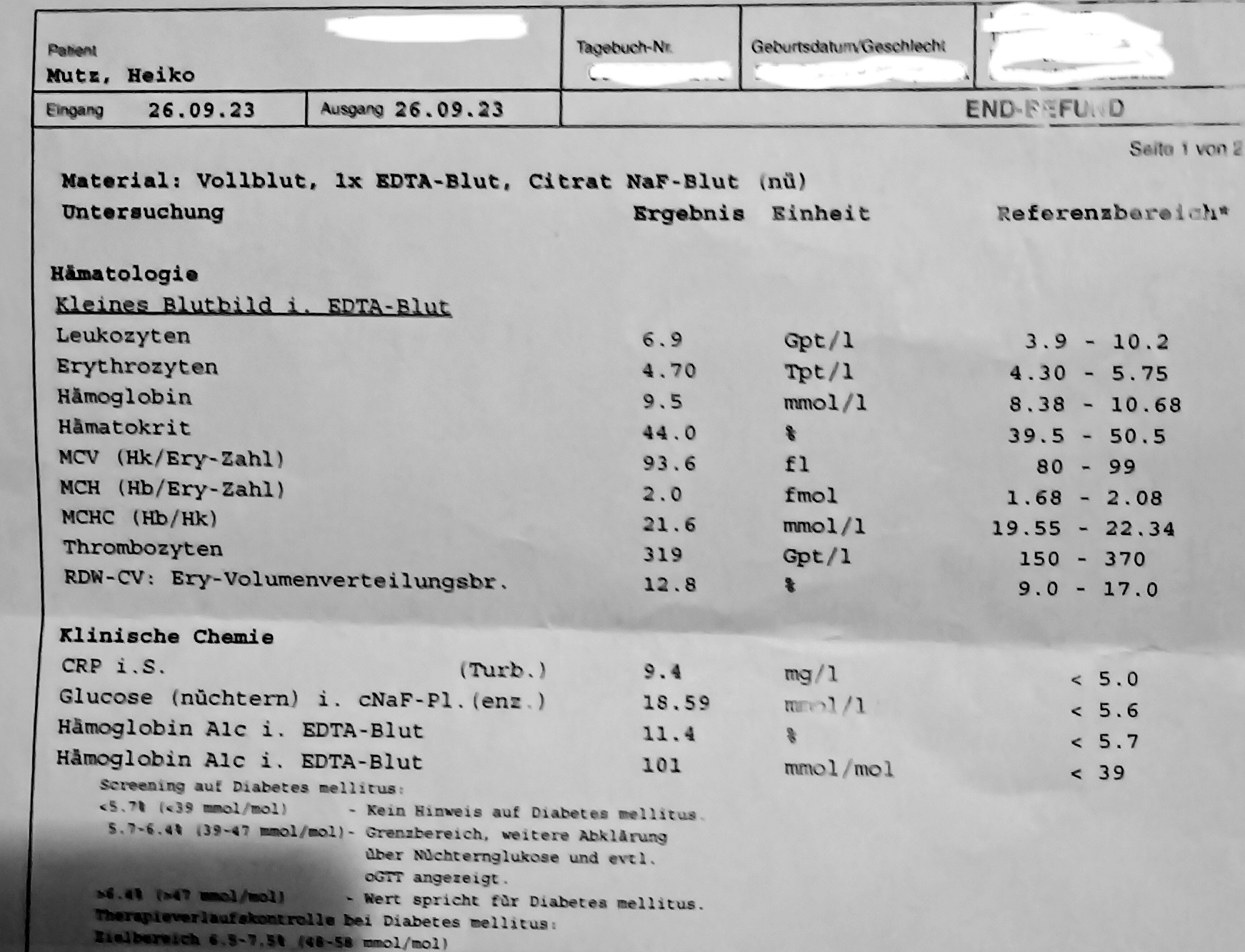 Ausschnitt aus meinem Laborbefund vom September 2023: Nüchternglukose 18,59 mmol/l und HbA1c 11,4 %
