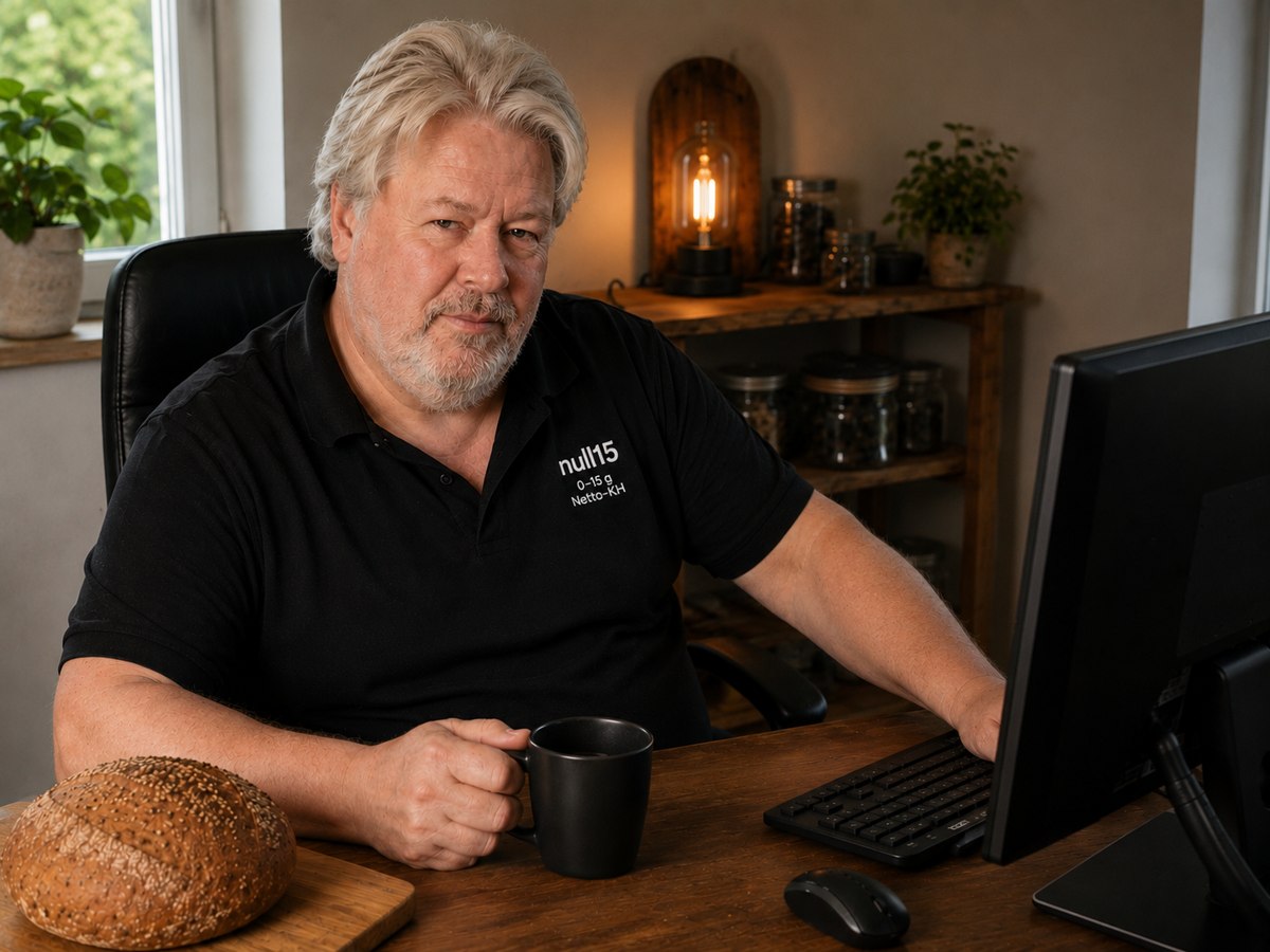 Heiko, der Kopf hinter null15, am Schreibtisch mit selbstgebackenem Low-Carb-Brot
